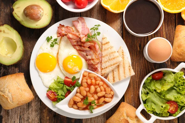 Top View English Breakfast Fruit Salad Coffee Cup Table — Stock Photo, Image