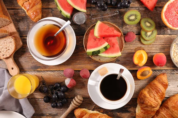 Vista Superior Café Manhã Saudável Com Frutas Fundo Madeira — Fotografia de Stock