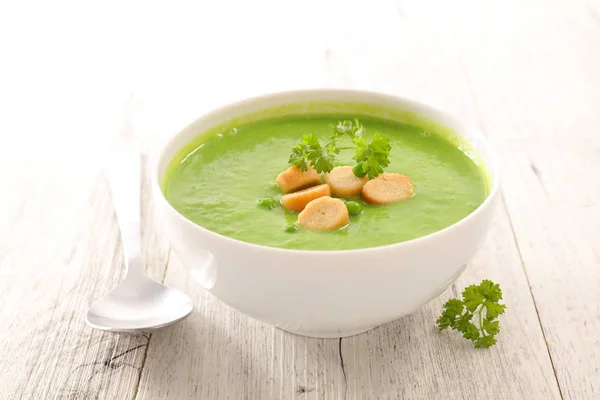 Tazón Sopa Espinacas Con Croutons Tazón Blanco — Foto de Stock