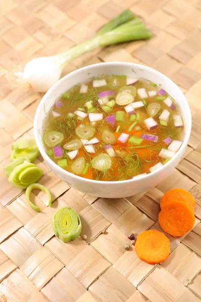 Sopa Verduras Mixta Sobre Mesa Tejida —  Fotos de Stock