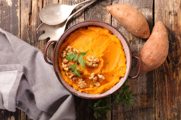 Delicious Mashed Sweet Potato Wooden Background — Stock Photo, Image