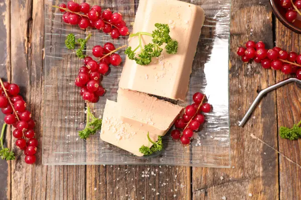 Foie Gras Herbs Red Berries Wooden Surface — Stock Photo, Image