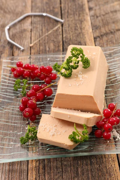 Foie Gras Herbs Red Berries Wooden Surface — Stock Photo, Image