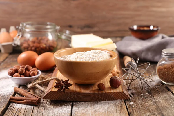 Diverse Bakken Ingrediënten Houten Tafel — Stockfoto