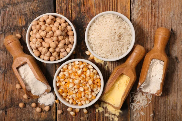 Top View Bowls Cereals Chickpeas Various Flour Wooden Background — Stock Photo, Image