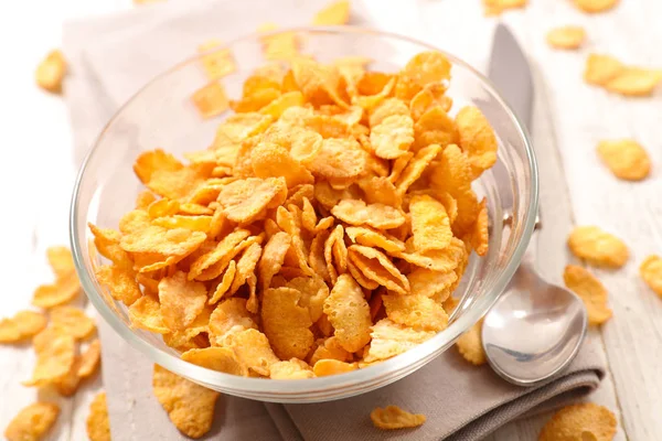 Glas Skål Med Cornflakes Med Ske Bordet - Stock-foto