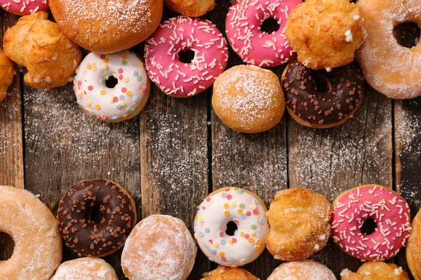 Felülnézet Válogatott Donuts Fából Készült Háttér — Stock Fotó