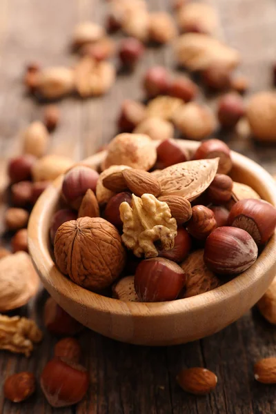 Mixed Dried Nuts Wooden Table — Stock Photo, Image