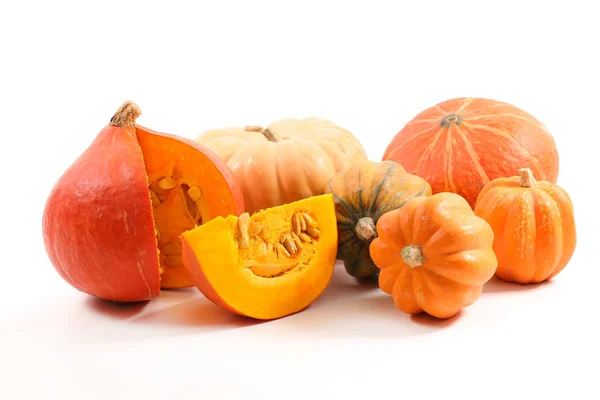 Selectie Van Verschillende Pumpkins Geïsoleerd Witte Achtergrond — Stockfoto