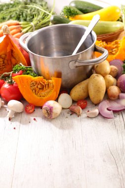 Pişirme çorba kavramı, pot pota ile ve çeşitli maddeler tablosundaki.