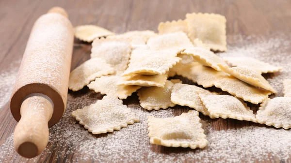 Homemade Ravioli Rolling Pin Flour Wooden Table — Stock Photo, Image