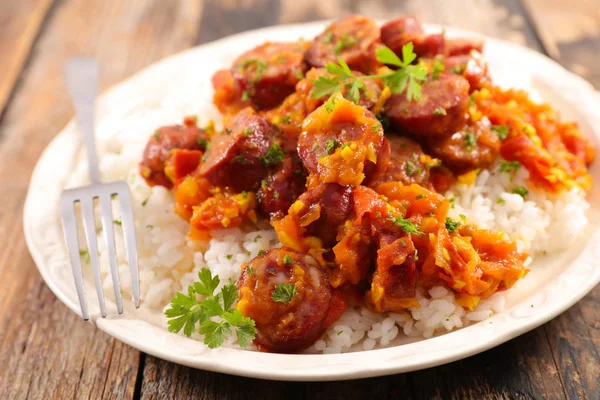 Sausages Tomatoes Spices Rice Plate — Stock Photo, Image