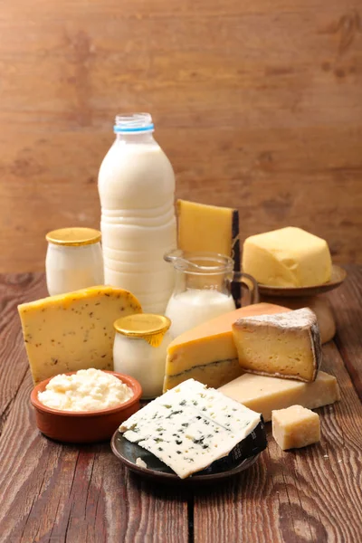 Assorted Dairy Products Wooden Table — Stock Photo, Image