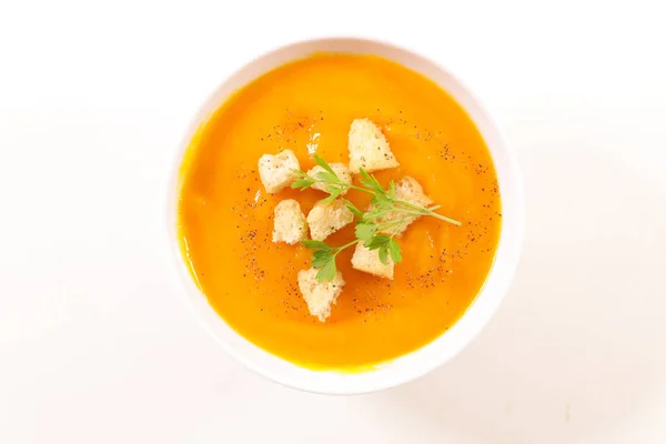 Bowl Pumpkin Soup Croutons Isolated White Background — Stock Photo, Image