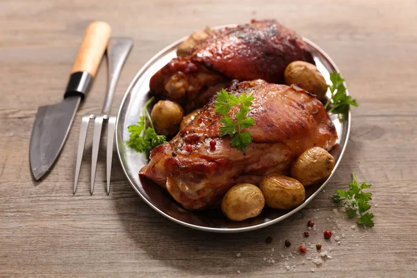 Roast Ham Potatoes Plate — Stock Photo, Image