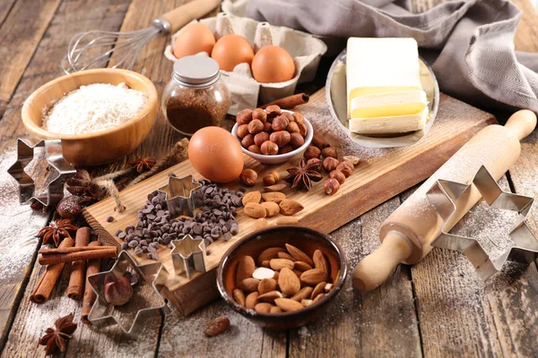 Baking Ingredients Christmas Biscuits Wooden Table — Stock Photo, Image