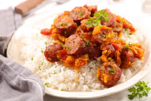 Spicy Sausages White Rice Plate — Stock Photo, Image