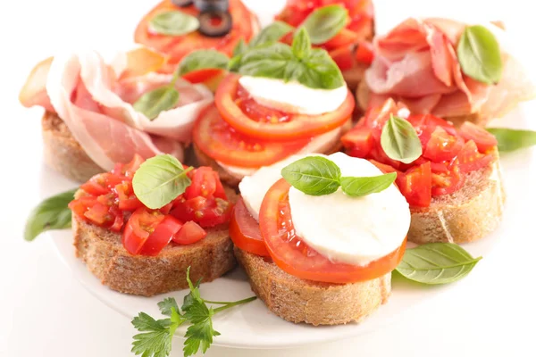 Canape Tomatoes Mozzarella Basil Plate — Stock Photo, Image