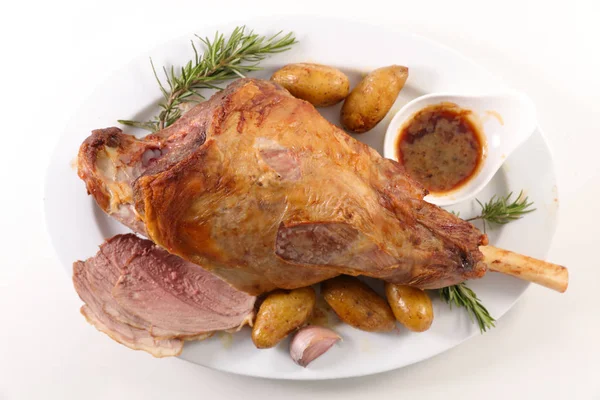 Baked Lamb Leg Potatoes White Long Plate — Stock Photo, Image