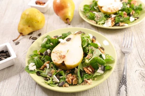 Salad Pears Cheese Nuts Servved Bowls Wooden Table — Stock Photo, Image