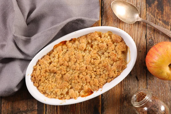 Ceramic Pan Apple Crumble Pie Wooden Rustic Table — Stock Photo, Image