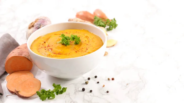 Sweet potato soup with vegetables on white table — Stock Image Sweet Potato Soup Vegetables White Table Stock Picture