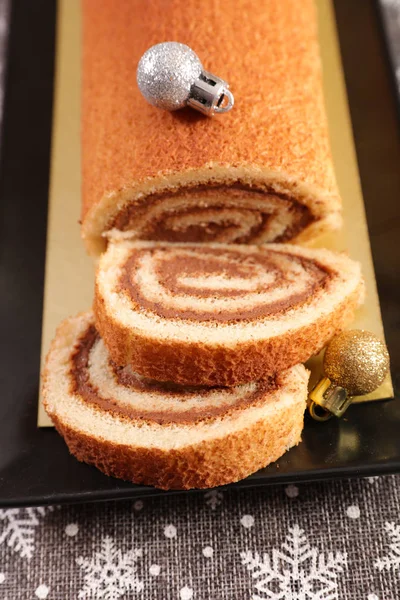 Gâteau Noël Avec Garniture Chocolat Gros Plan — Photo