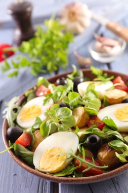 Yumurta, sebze salatası karışık yakın çekim