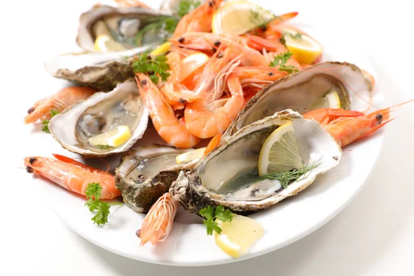 Composición Alimentos Con Gambas Ostras Plato —  Fotos de Stock