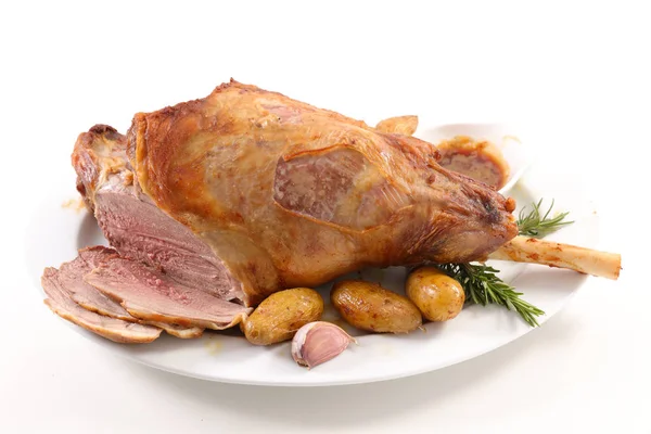 Close View Lamb Leg Potato Isolated White — Stock Photo, Image