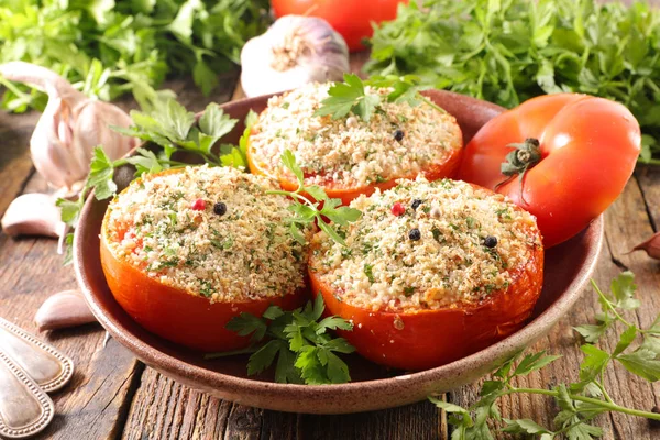 Vue Rapprochée Tomates Cuites Four Avec Miettes — Photo
