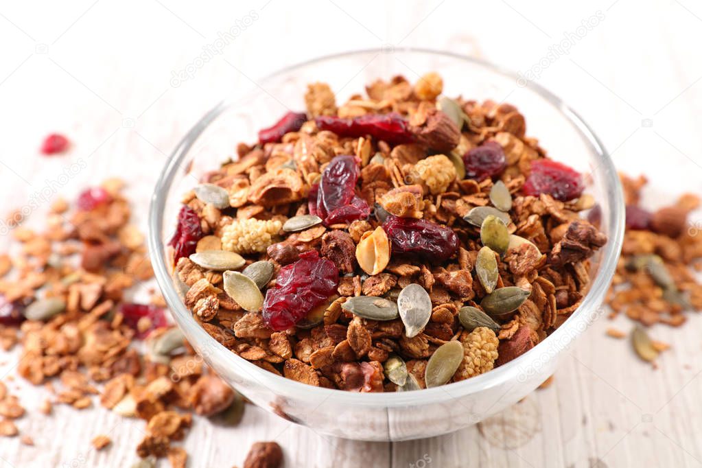 close-up view of bowl of granola isolated on white