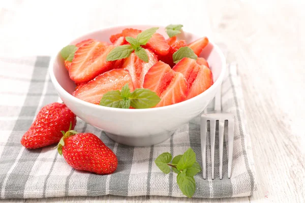 Bowl Strawberries Fork Napkin — Stock Photo, Image