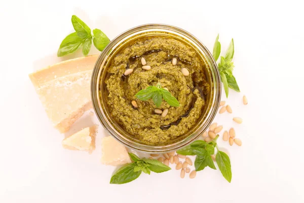 Pesto Sauce Parmesan Cheese Basil Leaves Glass Bowl — Stock Photo, Image