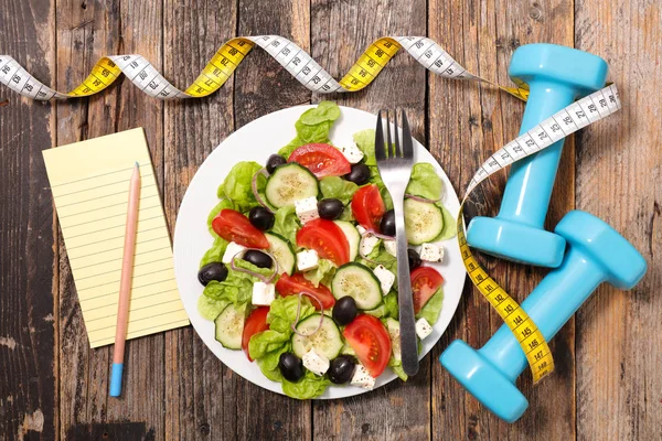 Diet Food Concept Healthy Salad Dumbbells Measuring Tape Note Pencil — Stock Photo, Image