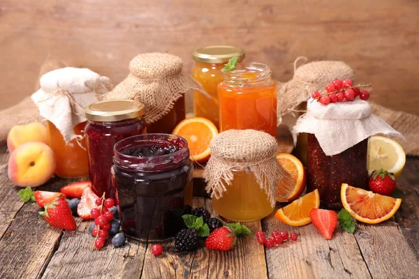 Assorted Jam Jars Fruits Table — Stock Photo, Image