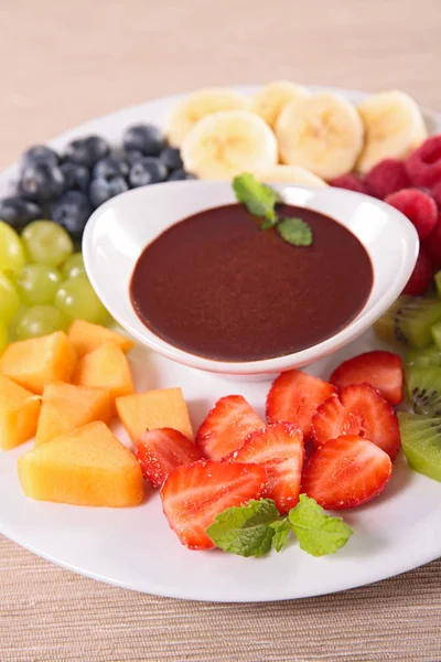 Chocolate Dip Fruits Plate — Stock Photo, Image