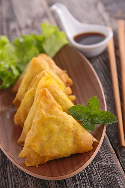 Fried Samosa Plate Chopsticks Soy Sauce — Stock Photo, Image