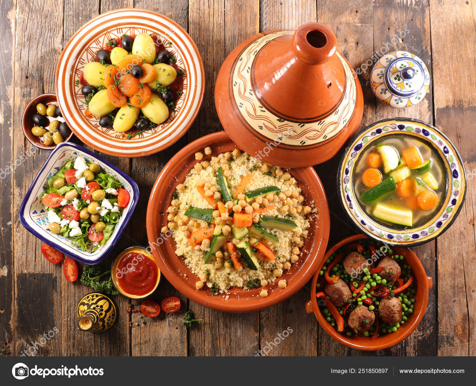 Oriental Food Assortment Couscous Tajine Meatball Salad Stock Photo by