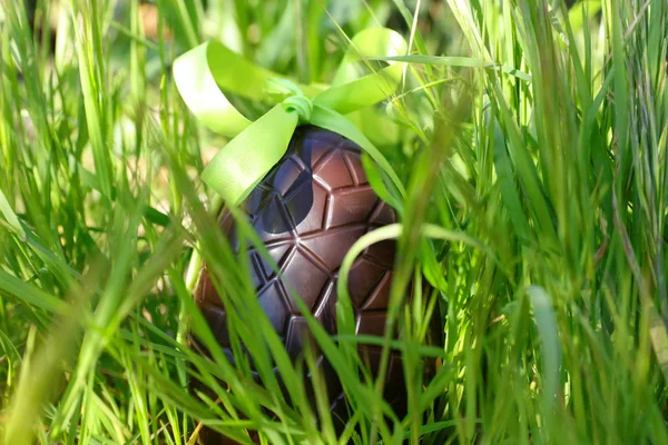 Oeuf Pâques Chocolat Dans Herbe — Photo