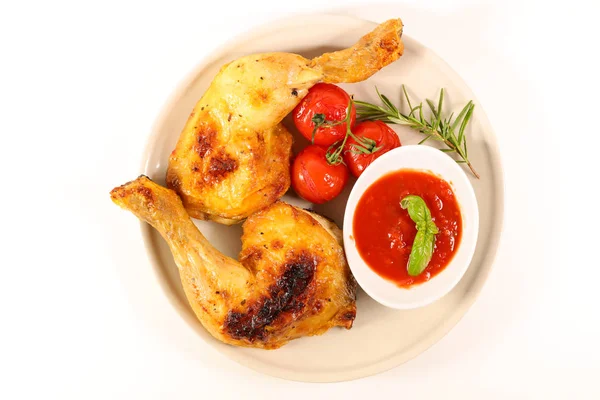 Grilled Chicken Leg Tomato Sauce Isolated White Background — Stock Photo, Image