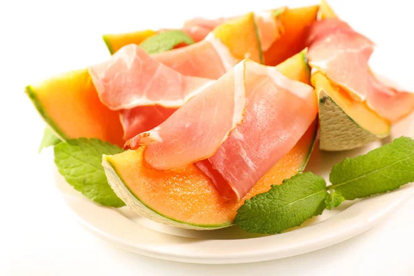 Cantaloupe Prosicutto Ham White Background — Stock Photo, Image