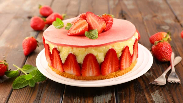 Delicious Strawberry Cake Wood Background — Stock Photo, Image