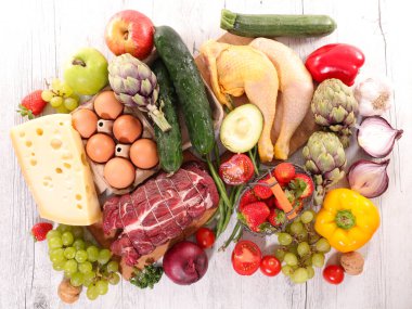 çeşitli çiğ gıda, meyve-sebze ve et