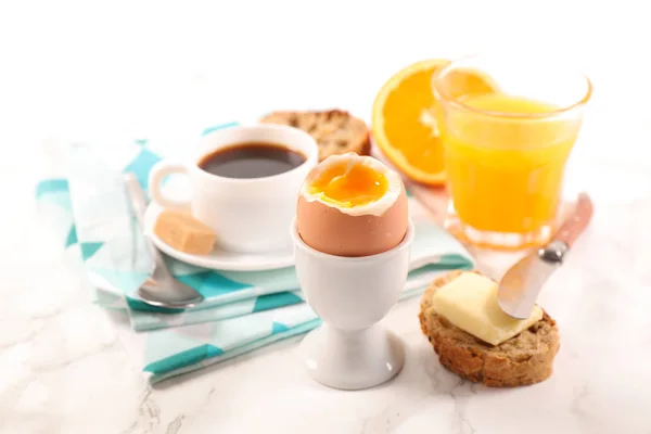 Desayuno Completo Con Taza Café Zumo Naranja Pan Huevo —  Fotos de Stock