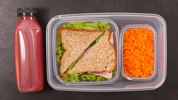 Lunch Box Sandwich Carrot Fruit Juice — Stock Photo, Image