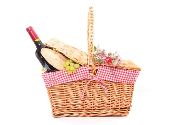 Kosz Piknikowy Chlebem Winogronem Winem — Zdjęcie stockowe