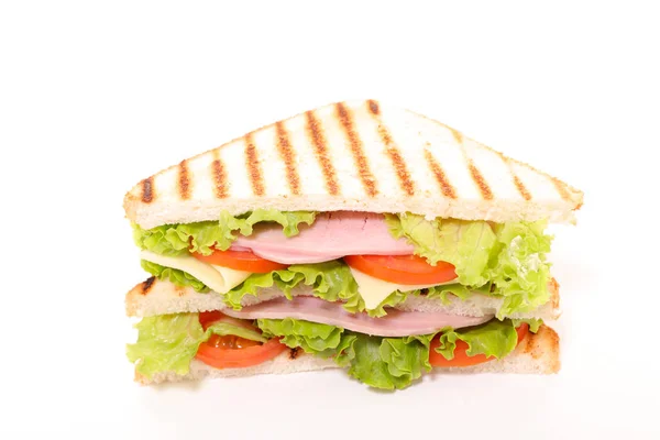白い背景にハム チーズ 野菜のサンドイッチ — ストック写真