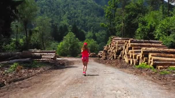 Woman Running Forest — Stock Video