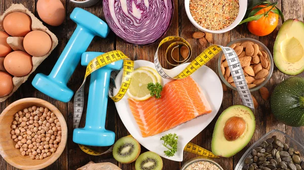 Selection Diet Food Salmon Dumbbell Healthy Food — Stock Photo, Image